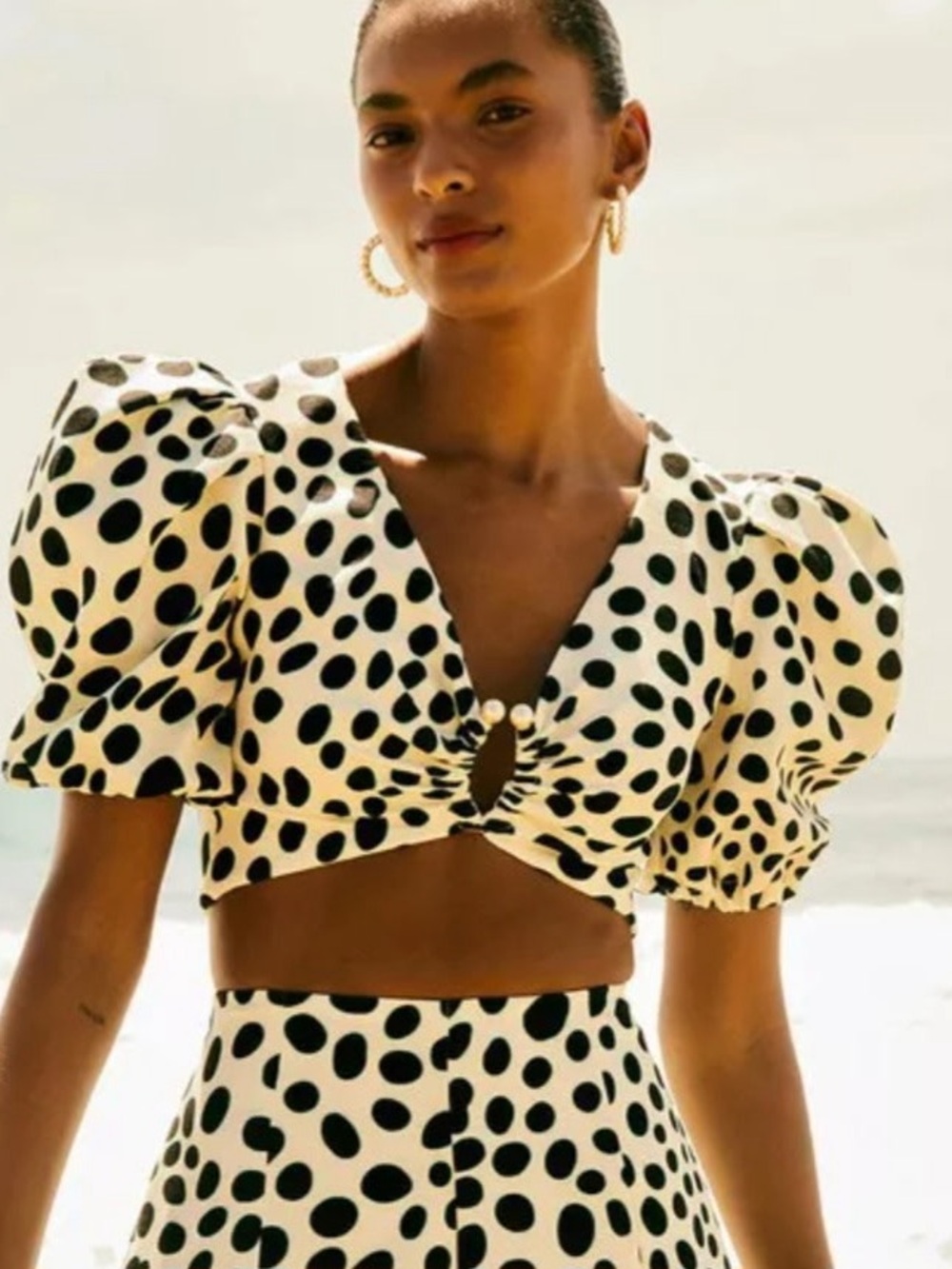 PatBO Black and White Polka Dot Puff Sleeve Crop Top